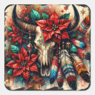 Christmas Cow Bull Skull Poinsettias Feathers Square Sticker