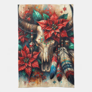 Christmas Cow Bull Skull Poinsettias Feathers Tea Towel