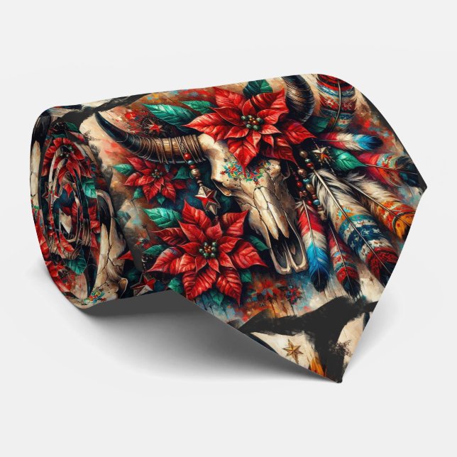 Christmas Cow Bull Skull Poinsettias Feathers Tie (Rolled)