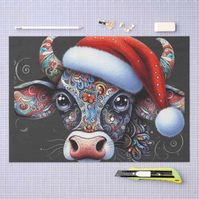Christmas Cow Bull w/Santa Hat Folk Art Decoupage Tissue Paper (Craft)