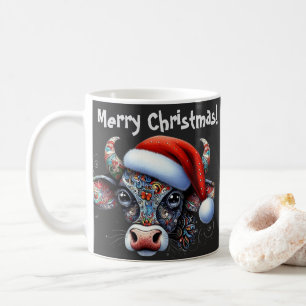 Christmas Cow Bull w/Santa Hat Mexican Folk Art Coffee Mug