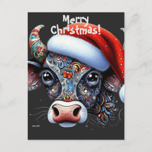 Christmas Cow Bull w/Santa Hat Mexican Folk Art Postcard