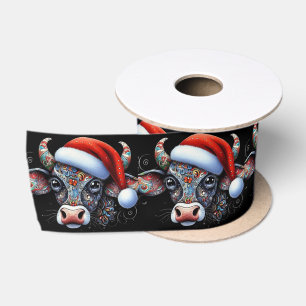 Christmas Cow Bull w/Santa Hat Mexican Folk Art Satin Ribbon