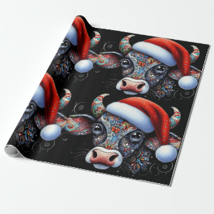 Christmas Cow Bull w/Santa Hat Mexican Folk Art Wrapping Paper