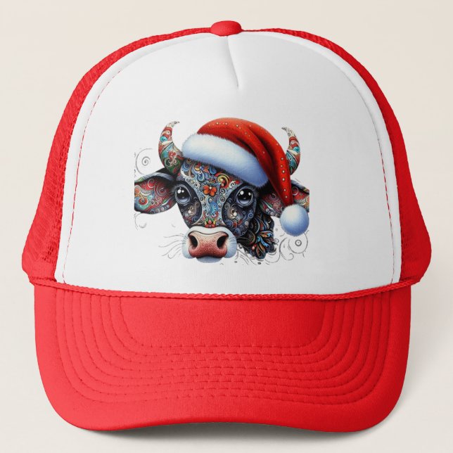 Christmas Cow Bull w/Santa Hat Mexican Folk Hat (Front)
