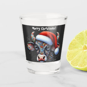 Christmas Cow Bull w/Santa Hat Mexican Folk Hat Shot Glass
