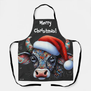 Christmas Cow Bull w/Santa Hat Red Floral Black Apron