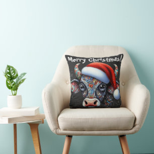 Christmas Cow Bull w/Santa Hat Red Floral Black Cushion