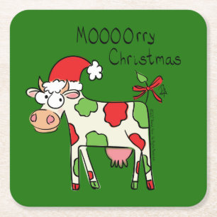 Christmas Cow Funny Cartoon Kids Square Paper Coaster