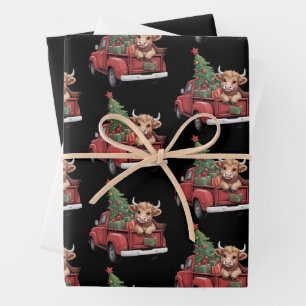 Christmas Cow Highland Cow in Truck Farm Xmas Wrapping Paper Sheet