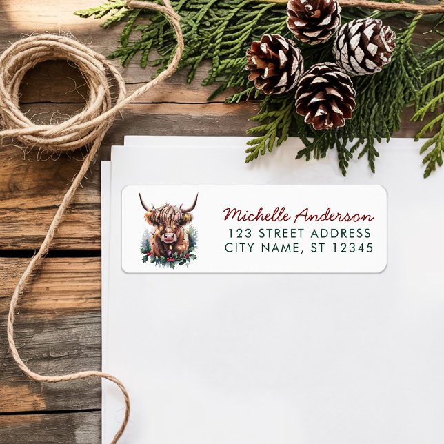 Christmas Cow Highland in Santa Hat Return Address (Creator Uploaded)