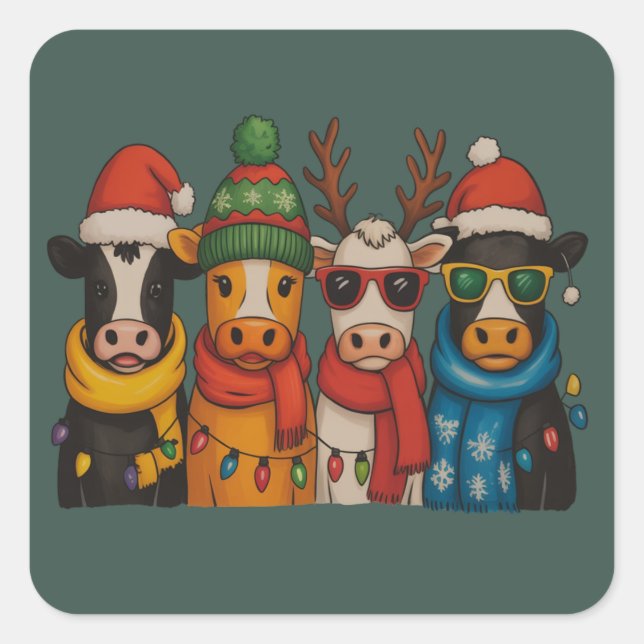 Christmas Cow Lover Farmhouse Farm Santa Highland  Square Sticker (Front)