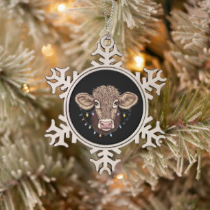 Christmas Cow Lover Lights Farm Farmer Xmas Snowflake Pewter Christmas Ornament