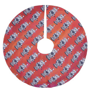 Christmas Cow Pattern on Red Field Brushed Polyester Tree Skirt