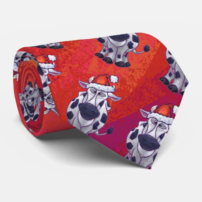 Christmas Cow Pattern on Red Field Tie (Rolled)