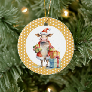 Christmas Cow Pun Ceramic Tree Decoration