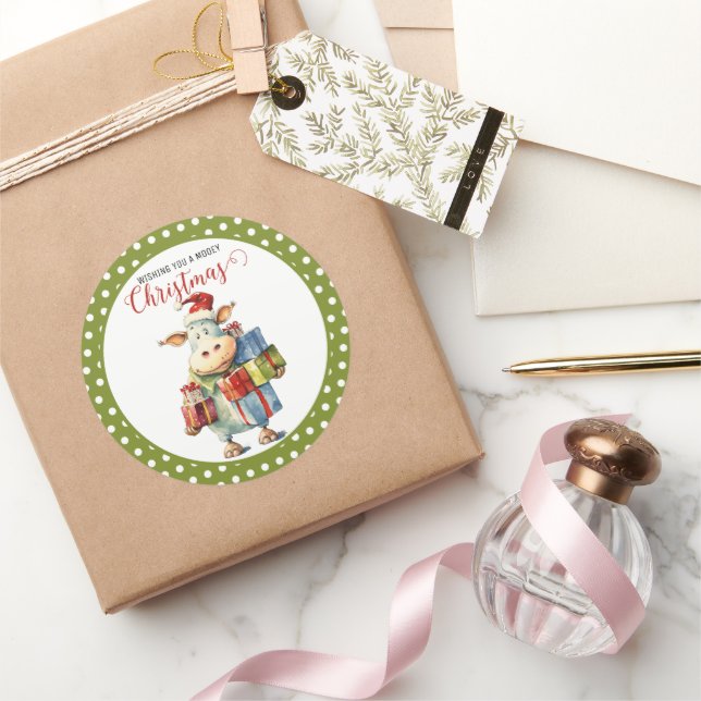 Christmas Cow Pun  Classic Round Sticker (Gifting)