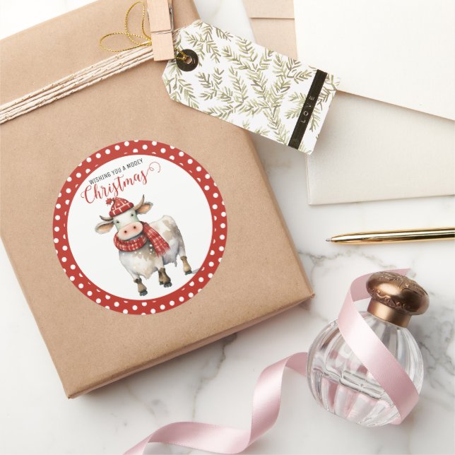 Christmas Cow Pun  Classic Round Sticker (Gifting)
