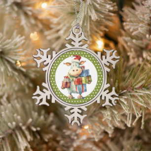 Christmas Cow Pun  Snowflake Pewter Christmas Ornament