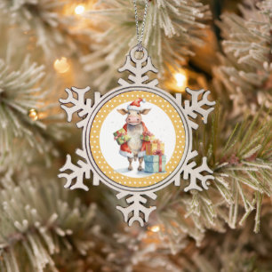 Christmas Cow Pun Snowflake Pewter Christmas Ornament