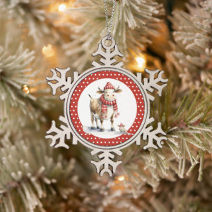 Christmas Cow Pun Snowflake Pewter Christmas Ornament