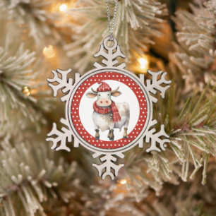 Christmas Cow Pun Snowflake Pewter Christmas Ornament