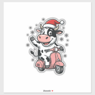 Christmas Cow Riding Pink Scooter Vintage Vector_1
