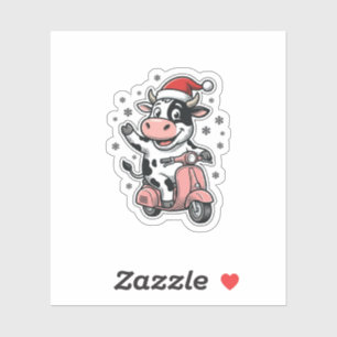 Christmas Cow Riding Pink Scooter Vintage Vector_1