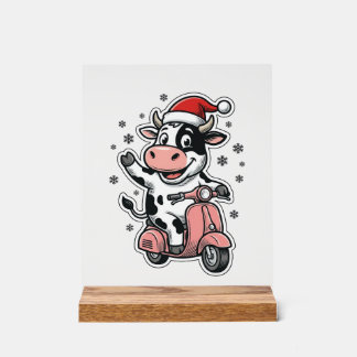 Christmas Cow Riding Pink Scooter Vintage Vector_1 Acrylic Sign