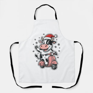 Christmas Cow Riding Pink Scooter Vintage Vector_1 Apron