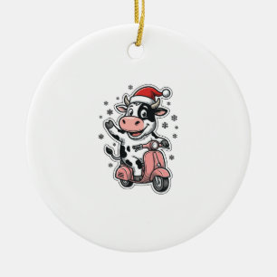 Christmas Cow Riding Pink Scooter Vintage Vector_1 Ceramic Tree Decoration
