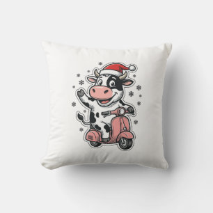 Christmas Cow Riding Pink Scooter Vintage Vector_1 Cushion