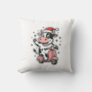 Christmas Cow Riding Pink Scooter Vintage Vector_1 Cushion