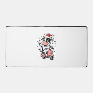 Christmas Cow Riding Pink Scooter Vintage Vector_1 Desk Mat