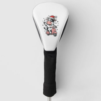 Christmas Cow Riding Pink Scooter Vintage Vector_1 Golf Head Cover