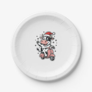 Christmas Cow Riding Pink Scooter Vintage Vector_1 Paper Plate