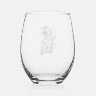 Christmas Cow Riding Pink Scooter Vintage Vector_1 Stemless Wine Glass