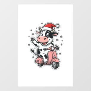 Christmas Cow Riding Pink Scooter Vintage Vector_1 Window Cling