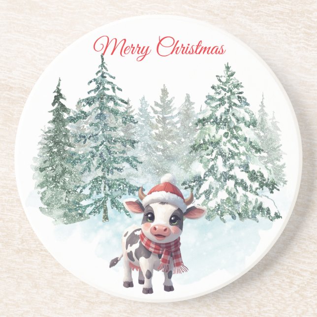 Christmas Cow Sandstone Coaster (Front)