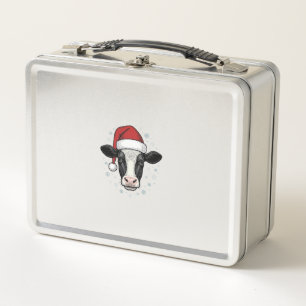 Christmas Cow Santa Hat Vintage Farm Holiday Shirt Metal Lunch Box