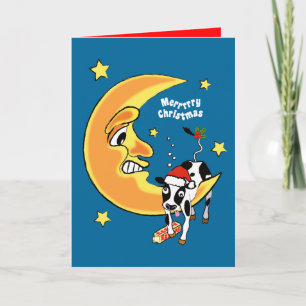 Christmas cow slumped over the moon holiday card