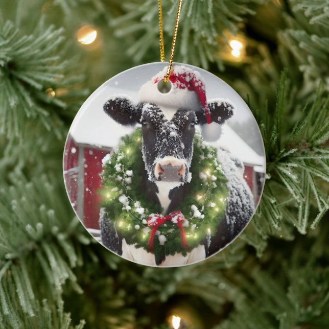 Christmas Cow Wearing a Santa Hat Ceramic Tree Decoration (Tree)
