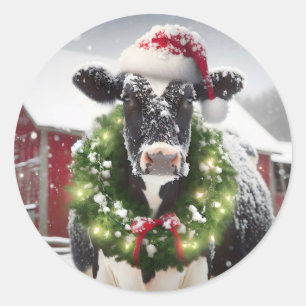 Christmas Cow Wearing a Wreath Classic Round Sticker