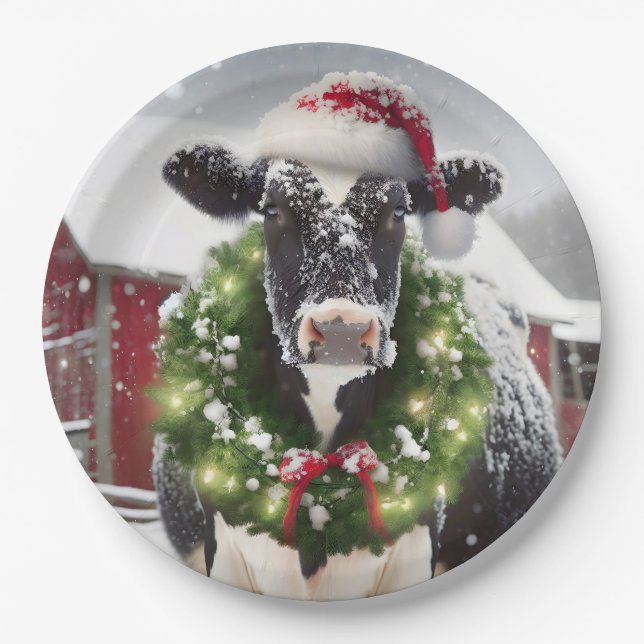 Christmas Cow Wearing a Wreath Paper Plate (Front)