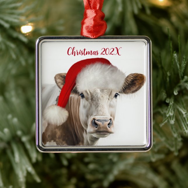 Christmas Cow with Santa Hat Metal Tree Decoration (Tree)