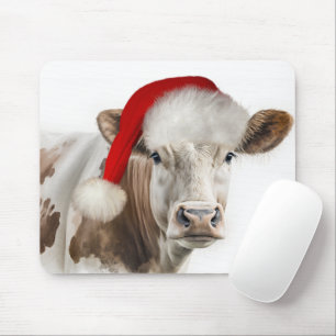 Christmas Cow with Santa Hat Mouse Mat