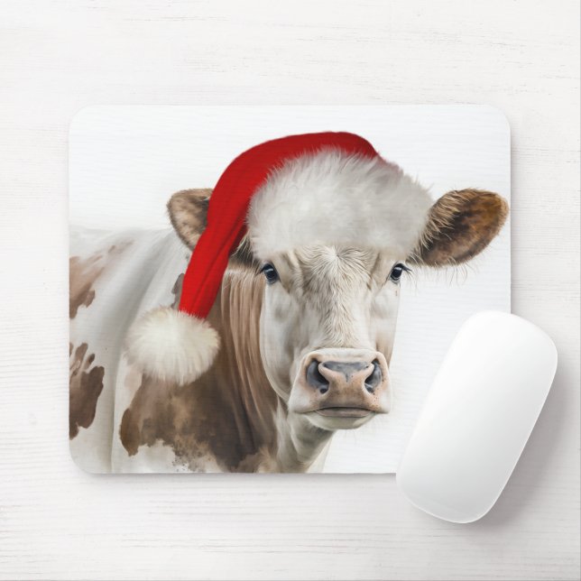Christmas Cow with Santa Hat Mouse Mat (With Mouse)