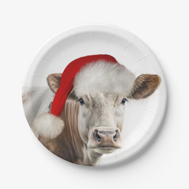 Christmas Cow with Santa Hat Paper Plate (Front)