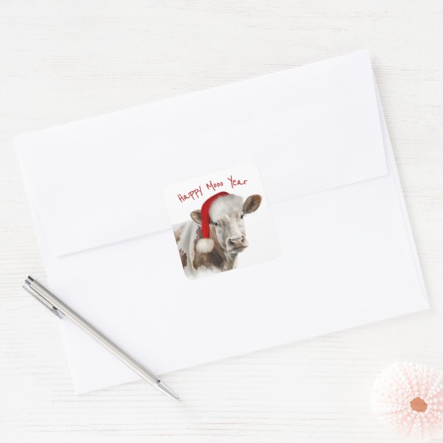 Christmas Cow with Santa Hat Square Sticker (Envelope)