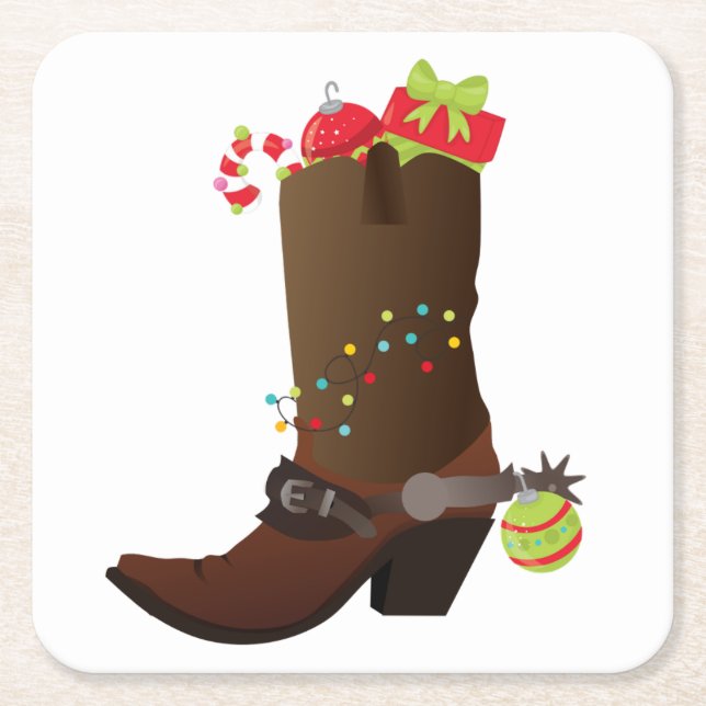 Christmas Cowboy boot Southwestern Western Square Paper Coaster (Front)